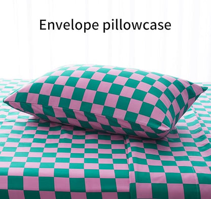 Best Season Bed Sheet Set 3 Pieces -Twin Size-Soft Durable Microfiber Bedding Sheet Set,Deep Pocket,Stain,Fade & Wrinkle Resistant (Plaid Pink&Green)