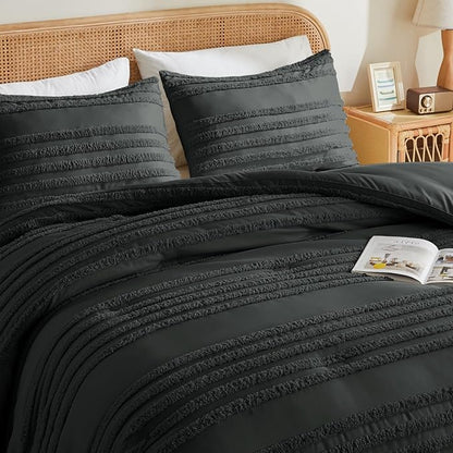 BEDELITE Boho King Size Comforter Set - Dark Grey Tufted Striped Bed Set 3 Pieces, Soft Vintage Farmhouse Comforter for All Seasons, Boho Home Decor,Fluffy Jacquard Bedding with Pillow Sham
