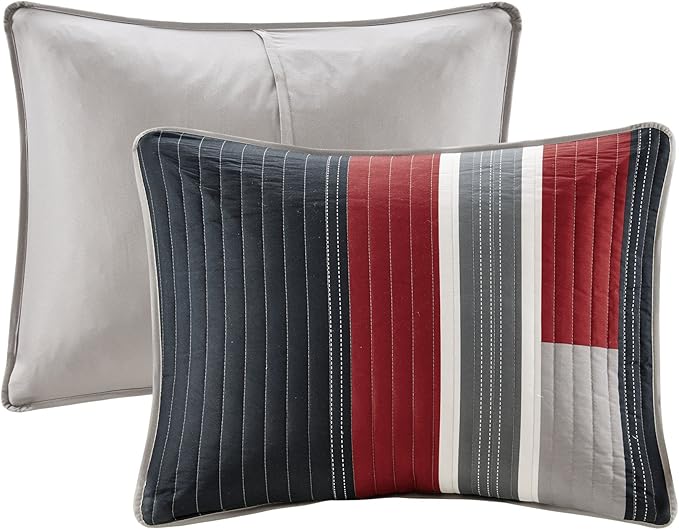 Comfort Spaces Quilt Set Trendy Casual Fun, Vibrant Color Design, Hypoallergenic All Season, Lightweight Coverlet Bedspread Cozy Kids Bedding & Sham Twin/Twin XL Pierre Black/Red Stripe 2 Piece