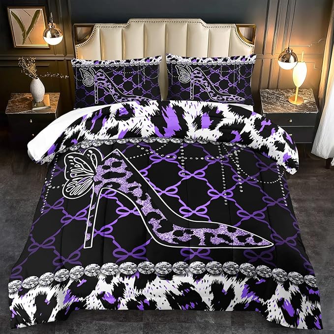 Purple Cheetah Print Comforter Set King Women Sexy High Heels Leopard Print Bedding Set Girls High Heels Leopard Comforter Quilt Animal Bedroom Decor Cheetah Bedding Bed Decor