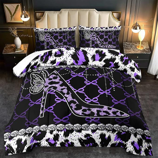 Purple Cheetah Print Comforter Set King Women Sexy High Heels Leopard Print Bedding Set Girls High Heels Leopard Comforter Quilt Animal Bedroom Decor Cheetah Bedding Bed Decor