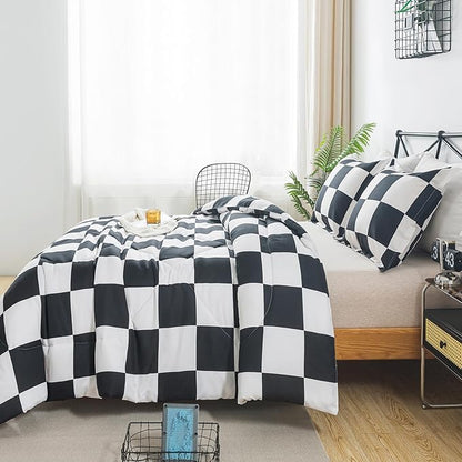 Caressma Black White Comforter Set Full Size, 3 Pieces Buffalo Plaid Comforter Bedding Set, Checkered Grid Fluffy Home Decor for All Seasons