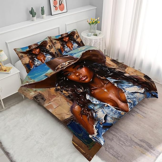 Girls Comforter Set King: Western Bedding for Cowboys Women Girls African American Bed Bedroom Dorm Fashion Quilt 1 Comforter + 2 Pillow Cases