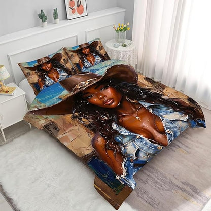 Western Comforter Set Queen: Black Girls Bedding for Cowboys Women Girls African American Bed Bedroom Dorm Fashion Quilt 1 Comforter + 2 Pillow Cases