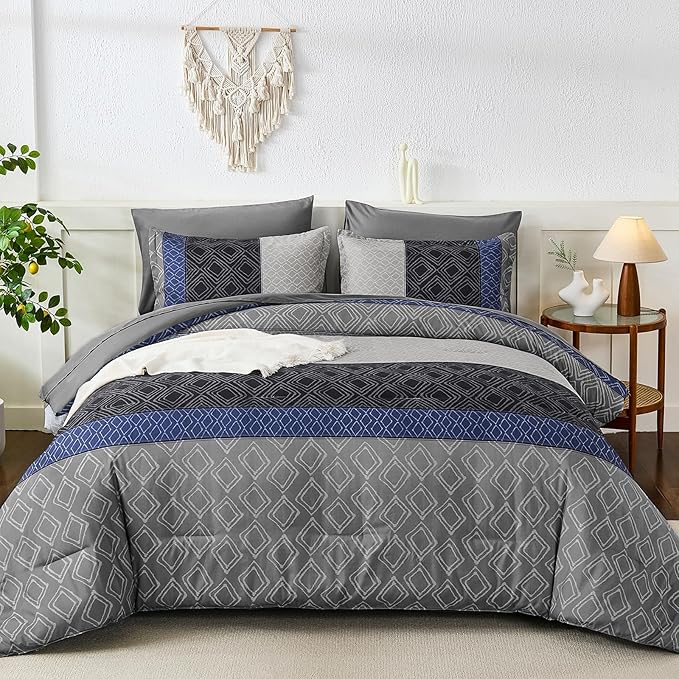 Dinjoy Boho Queen Comforter Set Blue Gray,7 Piece Bed in a Bag Queen Size Warm Striped Fall Bedding Sets with Plaid Comforters with Sheets for Family All Season