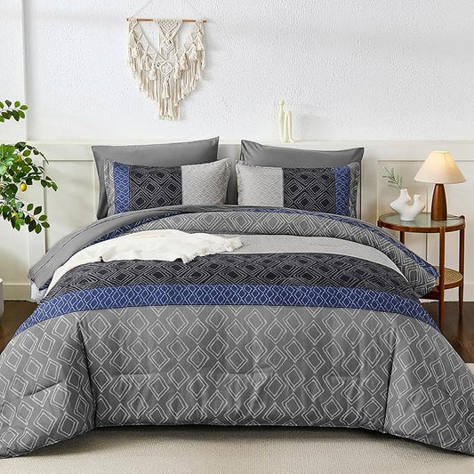 Dinjoy Boho Queen Comforter Set Blue Gray,7 Piece Bed in a Bag Queen Size Warm Striped Fall Bedding Sets with Plaid Comforters with Sheets for Family All Season