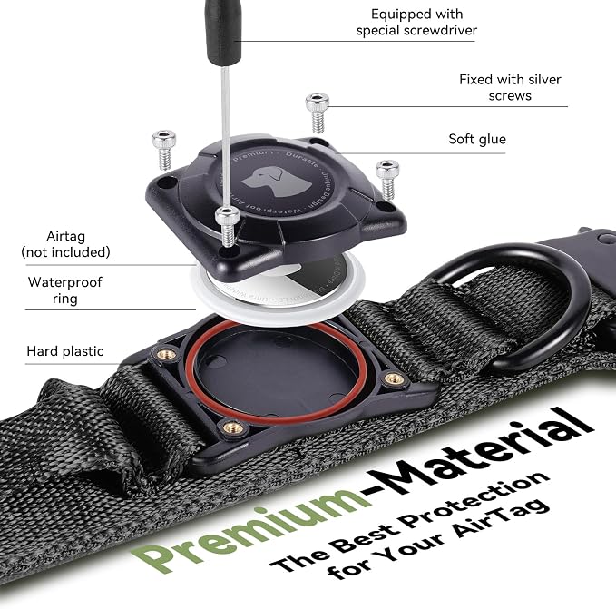 2026 Upgrade Waterproof Tactical AirTag Dog Collar, Built in AirTag Holder | Comfortable Control Handle, Quick Release Metal Buckle, Durable 1000D Nylon, For Medium to Large Dogs, Black, L
