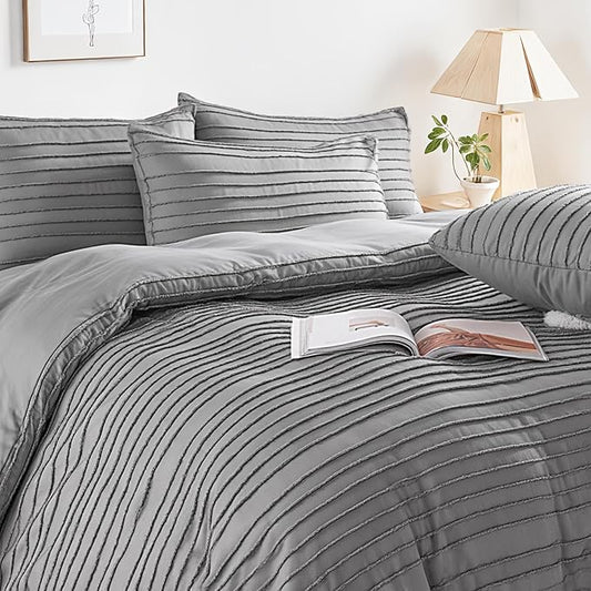 NEXHOME PRO Duvet Cover Queen,Grey 3 Pieces Boho Tufted Duvet Cover Set, Soft and Lightweight 100% Washed Microfiber Comforter Cover Set for All Season(Grey Queen, 90 x 90)-No Comforter