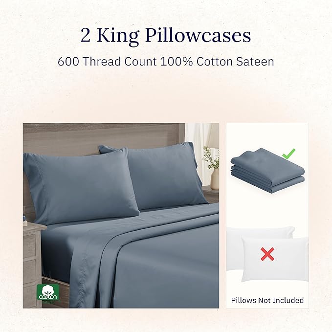 Luxuriously Soft Premium 600 Thread Count, 100% Cotton Set of 2 Cases, Crisp Pillowcases King Size Set of 2, Fits King Pillows (Pastel Blue)