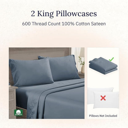 Luxuriously Soft Premium 600 Thread Count, 100% Cotton Set of 2 Cases, Crisp Pillowcases King Size Set of 2, Fits King Pillows (Pastel Blue)