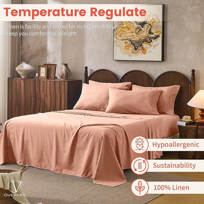 100% Linen Sheets Queen Size,Breathable & Durable 4-Piece Bed Flax Sheet Set,Soft All-Season Bedding for Hot Sleepers 16" Deep Pocket Oeko-TEX Certified,（Queen, Light Red）