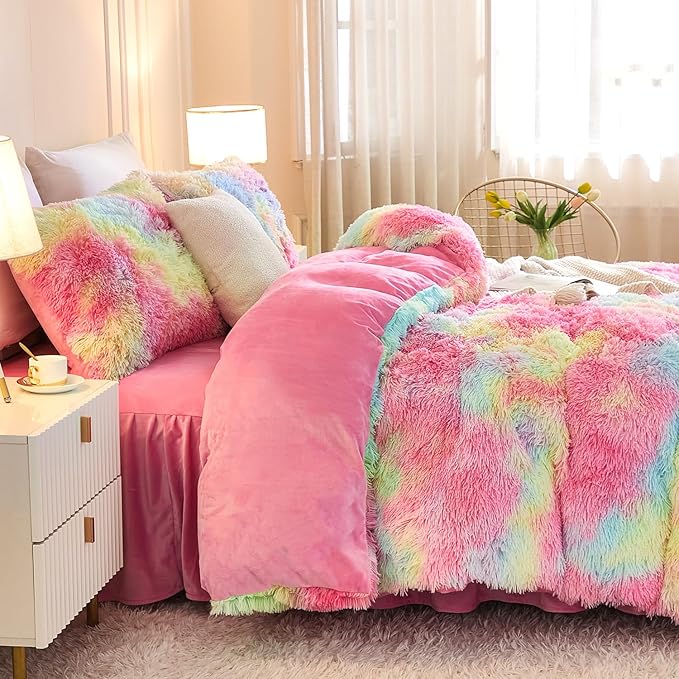 Andency Faux Fur Tie-Dyed Rainbow Comforter for Queen Size Bed, 3 Pieces Fluffy Fuzzy Plush Bedding Comforter Set (1 Shaggy Velvet Comforter & 2 Pillowcases)