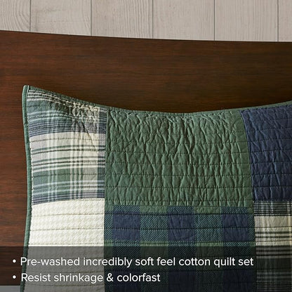 Woolrich Quilt Set Patchwork Channel Quilting, Cottege Coverlet for Twin Size Bed All Seasons, Lightweight Prewashed Cotton Coverlet Bedspread, Shams, Mill Creek, Oversized Twin/Twin XL Green 2 Piece