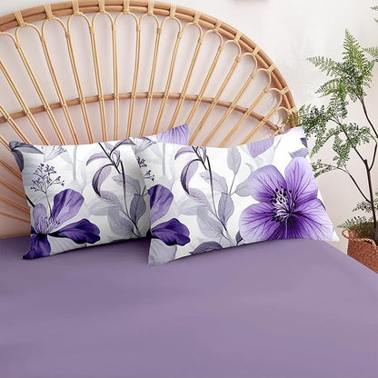Nayoroom Purple Floral Comforter Set Queen Size Lavender Blooming Flower Leaf Printed Spring Comforter 3 Pcs Soft Lightweight Cottagecore Bedding Set for All Seasons (1 Comforter, 2 Pillowcases)