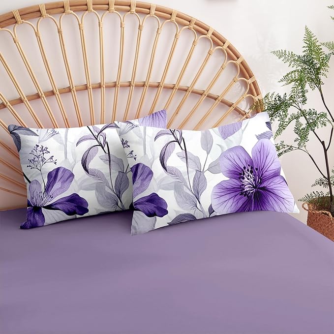 Nayoroom Purple Floral Comforter Set Full Size Lavender Blooming Flower Leaf Printed Spring Comforter 3 Pcs Soft Lightweight Cottagecore Bedding Set for All Seasons (1 Comforter, 2 Pillowcases)