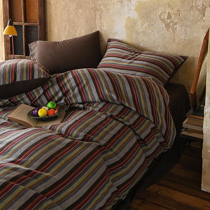 EAVD Retro Striped Duvet Cover Set Twin Soft 100% Cotton Muslin Bohemian Colorful Vertical Striped Bedding Set with 2 Pillowcases Rustic Farmhouse Style Geometric Pattern Duvet Cover with Zipper
