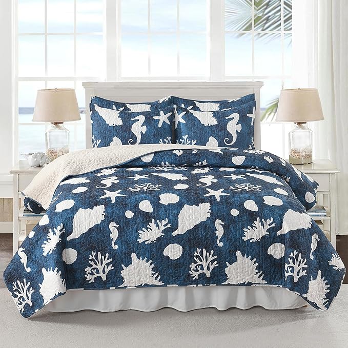 HORIMOTE HOME Coastal Quilt Bedding Set King Size, Reversible Navy Summer Beach Quilt Lightweight Ocean Nautical Comforter Tropical Bedspread Coverlet with 2 Pillow Shams for All Seasons (106"x96")