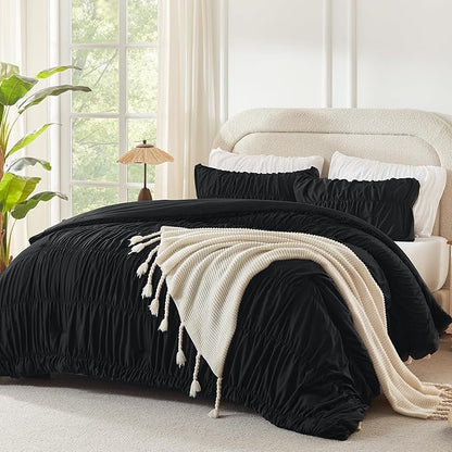 Andency Ruched Black Oversized Queen Size Comforter Sets, Shabby Chic Pleated Bedding Sets 3 Pieces, Lightweight Soft Boho Ruffle Bed Set for Girls, Kids, Women, All Season