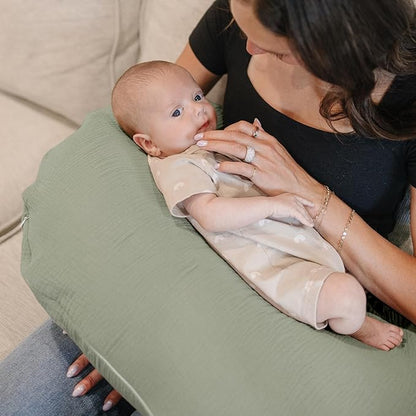 Konssy Muslin Nursing Pillow Covers, Soft and Cute Nursing Covers for Breastfeeding Pillows, Ideal for Newborn Baby Boys and Girls (Fog Green, Sprout) - 2 Pack