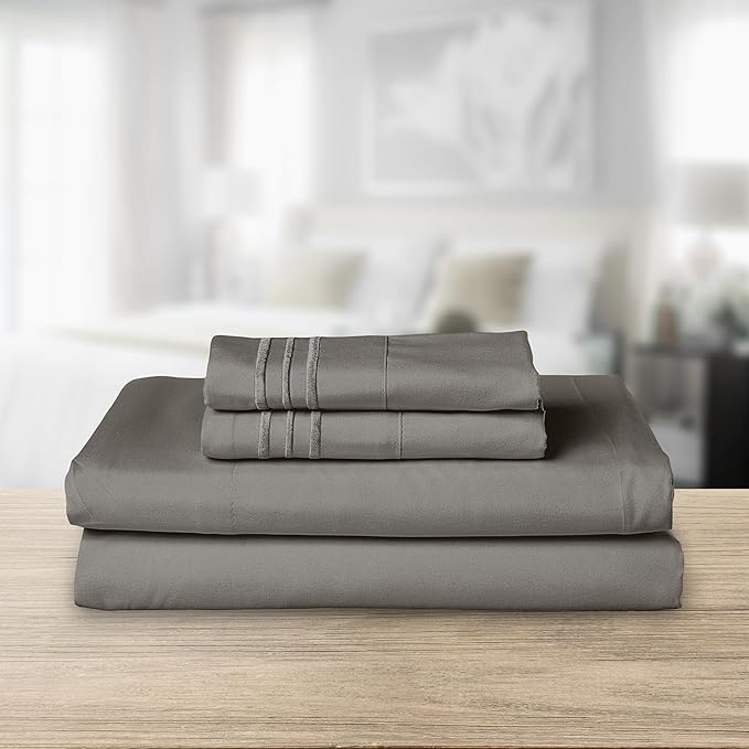 Elegant Comfort Luxurious 1500 Premium Hotel Quality Microfiber Three Line Embroidered Softest 4-Piece Bed Sheet Set, Wrinkle and Fade Resistant, Queen, Gray