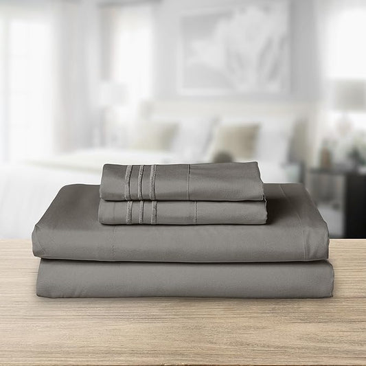 Elegant Comfort Luxurious 1500 Premium Hotel Quality Microfiber Three Line Embroidered Softest 4-Piece Bed Sheet Set, Wrinkle and Fade Resistant, Twin/Twin XL, Gray