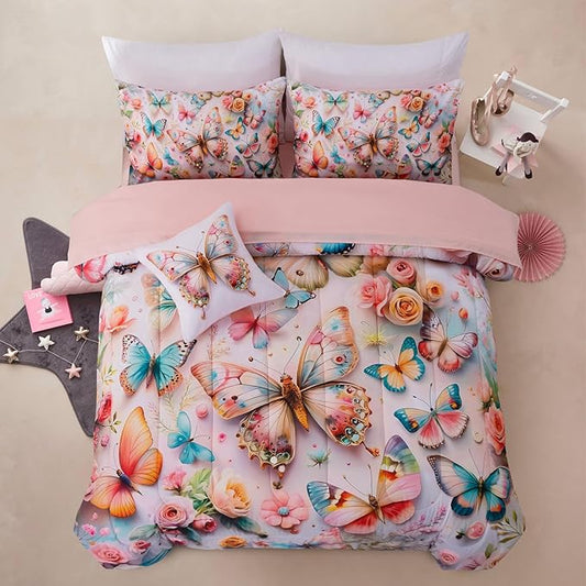 A Nice Night Queen 6pcs Bed in A Bag Pink and Blue Dreamy 3D Various Butterfly Printed, Colorful Butterflies Flying in Flower Design Bedding Full Comforter Set, for Girls Kids Teens