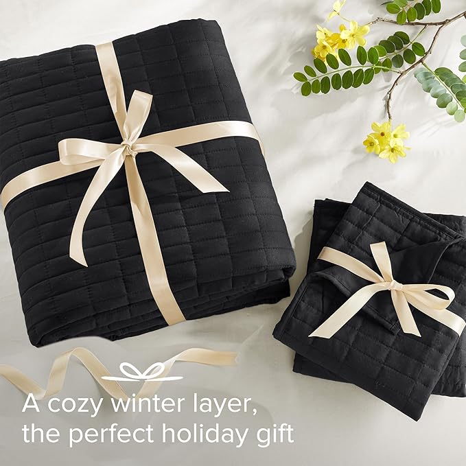 Comfort Spaces Kienna Quilt Set- Double Sided Stitching Design Summer Blanket, Lightweight, Soft, All Season Bedding Layer, Matching Sham, Black, Coverlet King (104"x90") 3 Piece