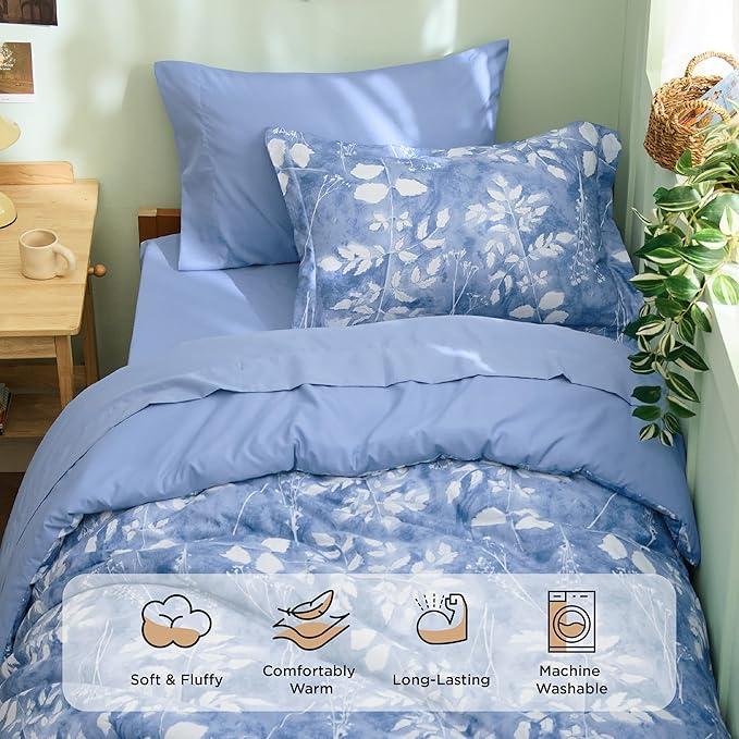Bedsure Blue Twin XL Comforter Set - 5 Pieces Floral Bedding Sets Twin XL Bed in a Bag with Reversible Botanical Flowers Comforter, Sheets, Pillowcase & Sham
