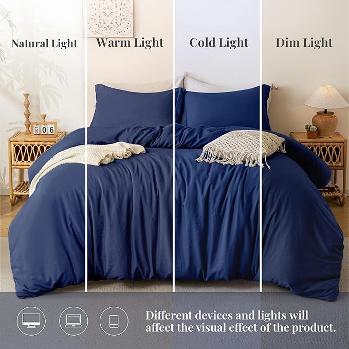 MILDLY Super Soft Duvet Cover 2pcs - 100% Washed Microfiber Navy Blue Comforter Cover Set with Zipper Closure & Corner Ties (No Comforter)