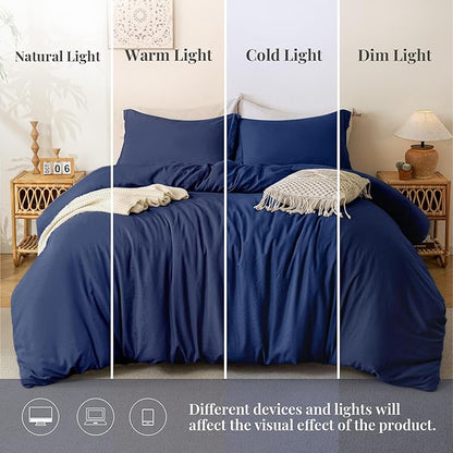 MILDLY Super Soft Duvet Cover 2pcs - 100% Washed Microfiber Navy Blue Comforter Cover Set with Zipper Closure & Corner Ties (No Comforter)