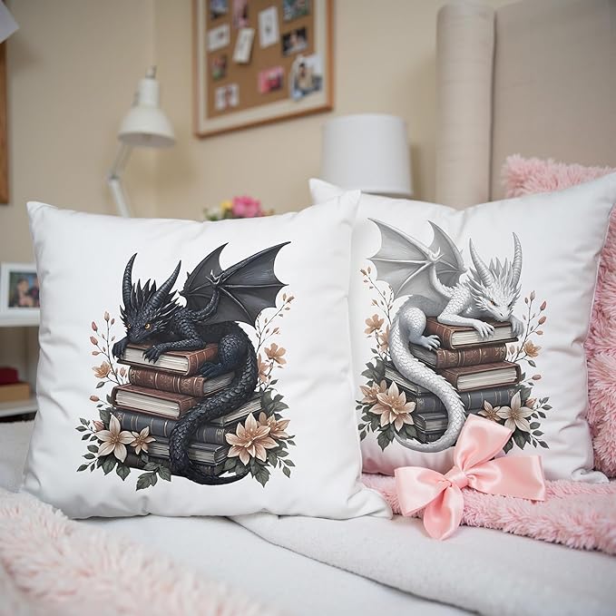 Vintage Magical Black White Dragon Reading Book Decorative Throw Pillow Covers 18x18 Set of 2, Fantasy Room Decor for Kids, Gamers, and Bookworms,Reading Nook Decor, Gifts for Bookworm Readers