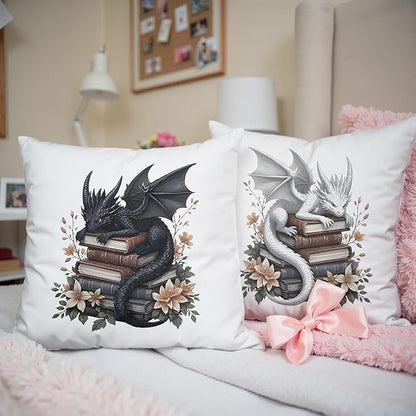 Vintage Magical Black White Dragon Reading Book Decorative Throw Pillow Covers 18x18 Set of 2, Fantasy Room Decor for Kids, Gamers, and Bookworms,Reading Nook Decor, Gifts for Bookworm Readers