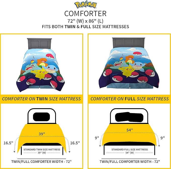 Pokemon Kids Bedding Super Soft Microfiber Reversible Comforter, Twin/Full, (Officially Licensed Product) by Franco