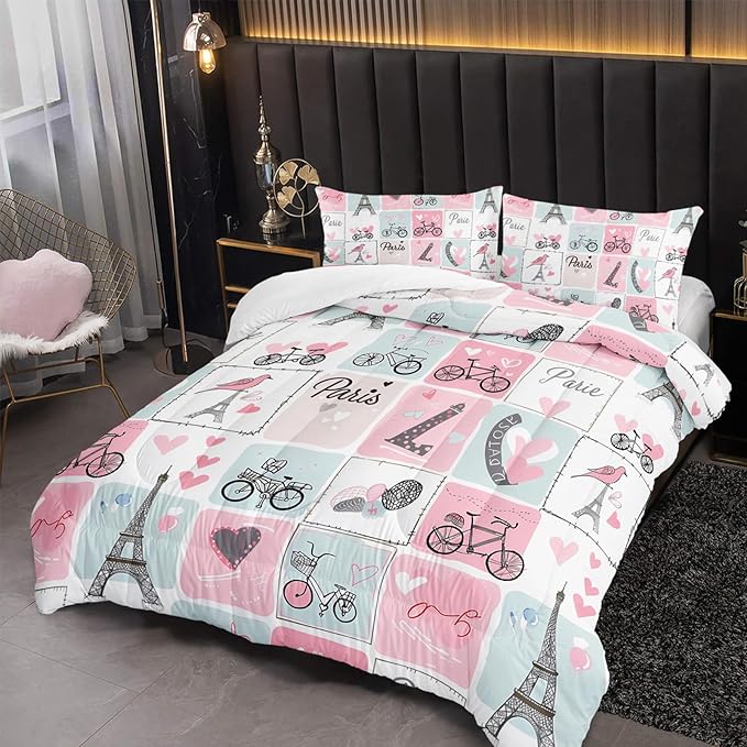 Pink Eiffel Tower Comforter Set Full Paris Theme Bedding Sets 3PCS for Kids Teen Adult Girl Room Decor Ultra-Soft Lightweight Microfiber 1 Comforter with 2 Pillowcases