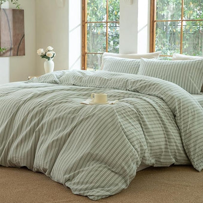 Sage Green and White Striped Duvet Cover,100% Washed Cotton Breathable and Linen Like Bedding Set(Strip-Sage Green/White,Full)