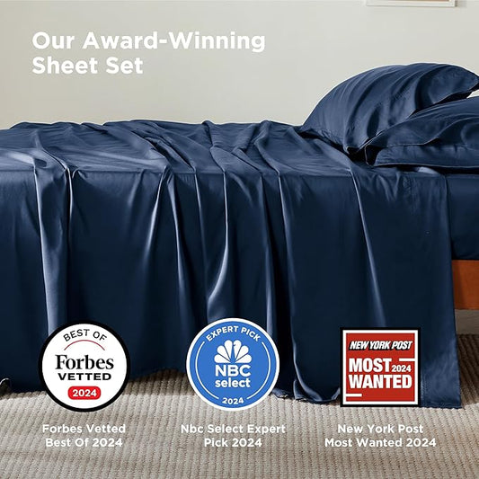 Bedsure California King Sheet Sets, Cooling Sheets for Hot Sleepers, Rayon Derived from Bamboo, PureWoven, Breathable & Soft, Deep Pocket Up to 16 Inches, Hotel Luxury Silky Bedding, Navy
