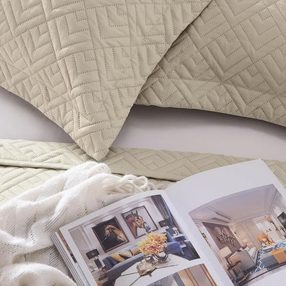 EXQ Home Quilt Set Full/Queen Size Beige 3 Piece,Lightweight Soft Coverlet Modern Style Squares Pattern Bedspread Set for All Season(1 Quilt,2 Pillow Shams)
