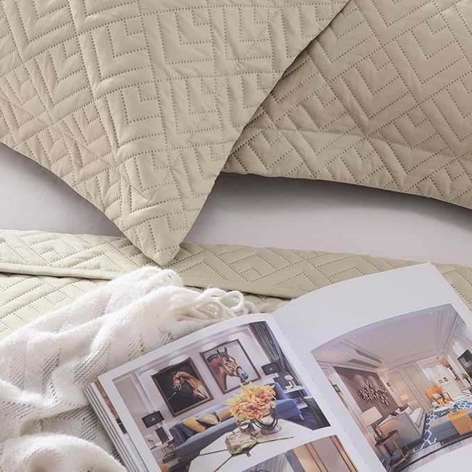 EXQ Home Quilt Set Twin Size Beige 2 Piece,Lightweight Soft Coverlet Modern Style Squares Pattern Bedspread Set for All Season(1 Quilt,1 Pillow Shams)