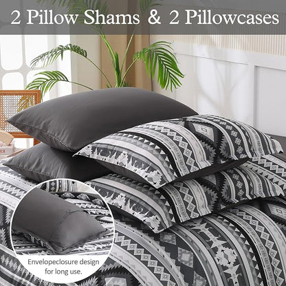 Dinjoy King Size Comforter Set Boho,Dark Gray Bedding Set Stripes 7 Pieces Bed in A Bag Aztec Comforters Black Complete Set Mens Western Bed Sets for Fall Winter 90"×104"