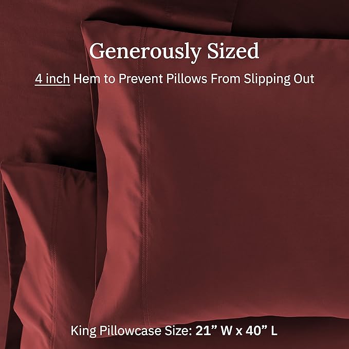 California Design Den King Size Pillow Cases Set of 2 - Luxuriously Soft Premium 600 Thread Count Sateen, 100% Cotton, Crisp Sateen, Fits King Pillows - Brick Red
