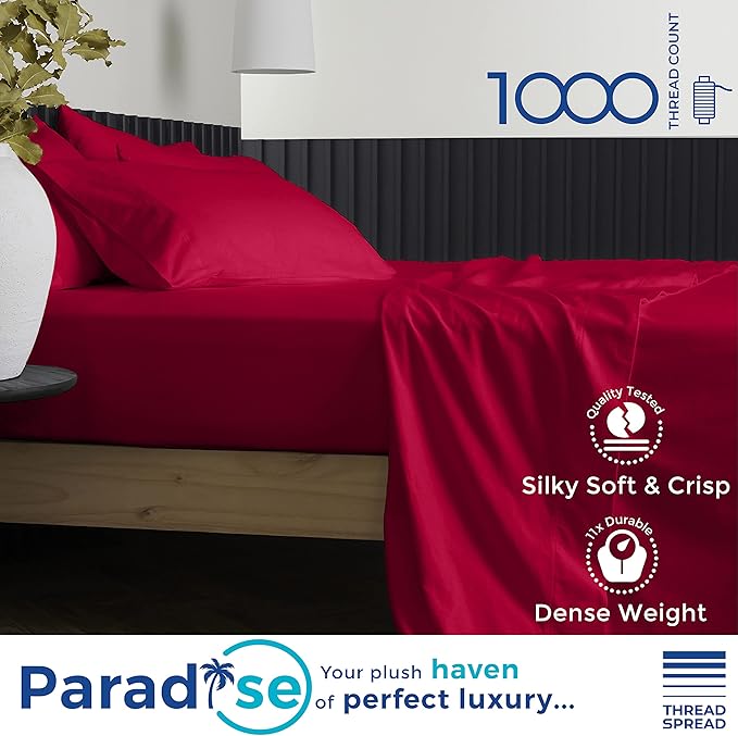 Thread Spread 100% Egyptian Cotton Pillow Cases Queen Size Set of 2 - Luxury 1000 Series Paradise Collection Queen Pillow Cases (Red), Soft Cooling Sateen Hotel Egyptian Cotton Pillowcases
