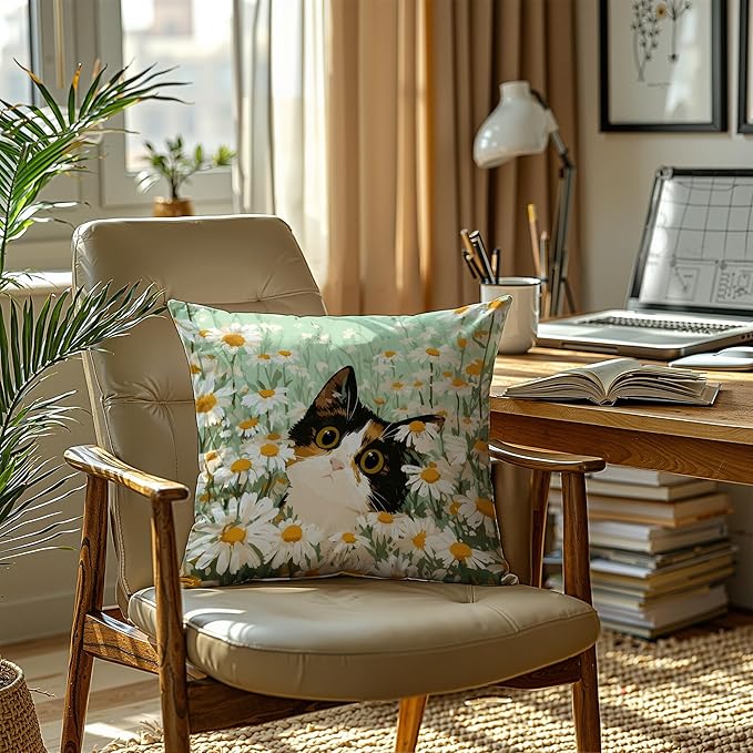 Calico Cat Daisy Throw Pillow Covers 18x18,Gifts for Cat Lovers,Boho Floral Cat Pillowcases, Aesthetic Spring Decor for Dorm Bedroom Office