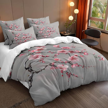 Cherry Blossom Comforter Set Queen Japanese Style Gray and Pink Floral Bedding Set Japan Bedroom Deccor Bedding Aesthetic Flower Branch Pattern, Ultra Soft Lightweight Comforter Sets