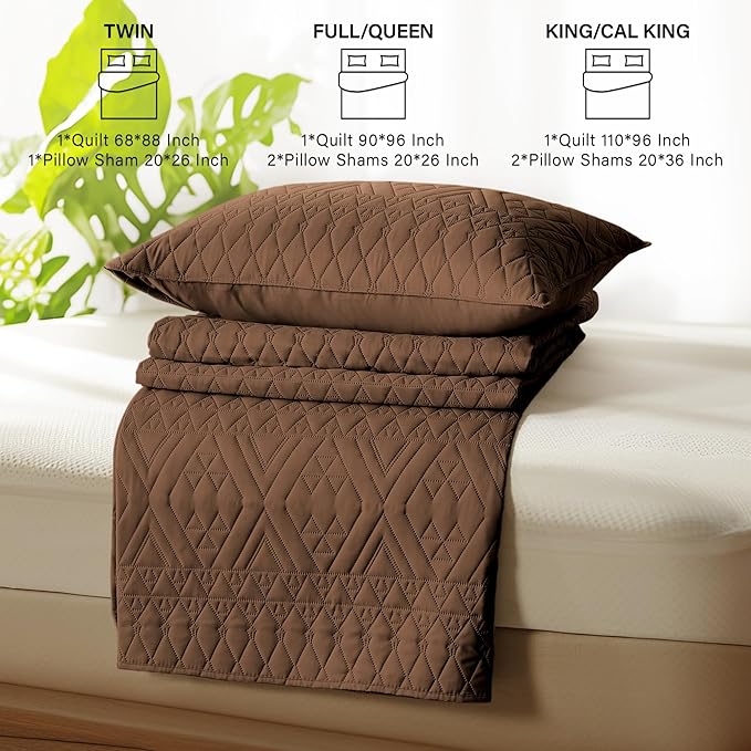 akkialla Full/Queen Size Quilt Bedding Set,Brown Lightweight Microfiber Soft Bedspread,Modern Style Geoetric Pattern Coverlet Set for All Seasons,3 Piece(1 Quilt,2 Pillow Shams) | Breathable fabric, Easy to clean