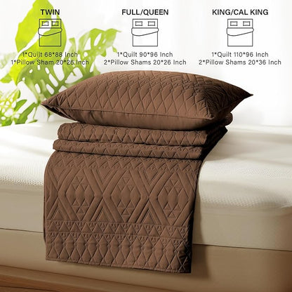 akkialla Twin Size Quilt Bedding Set,Brown Lightweight Microfiber Soft Bedspreads,Modern Style Geoetric Pattern Coverlet Set for All Seasons,2 Piece(1 Quilt,1Pillow Sham)