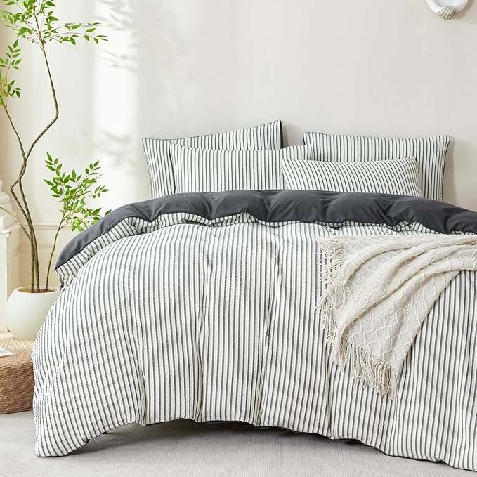 Dark Grey Comforter Set Queen Striped Washed Microfiber 3 Pieces Jacquard Bedding, White & Grey Vertical Ticking Stripes Comforter with 2 Pillowcases, Luxury Soft Breathable Durable Comfy