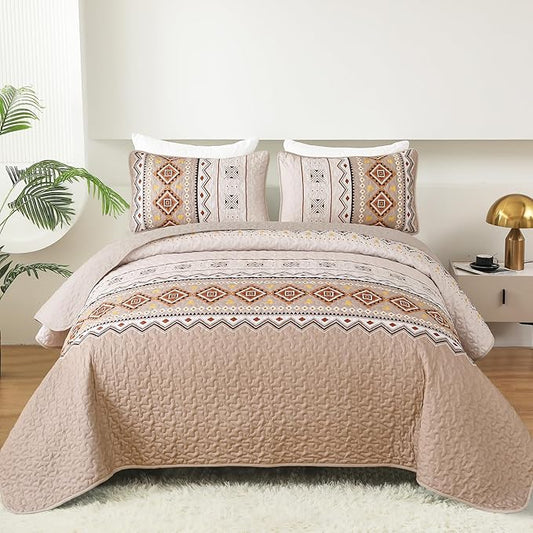 WONGS BEDDING Boho Beige Quilt Set King Size,Geometry Printed Bedspread Coverlet Set with 2 Pillowcases,Soft Bohemian Bedding Set King 104"×90"