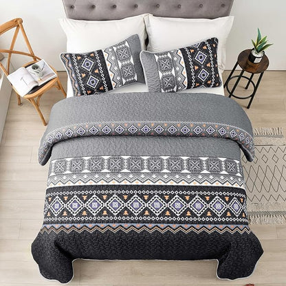 WONGS BEDDING Boho Quilt Set King,Black Grey Bedspread Coverlet Set with 2 Pillowcase,Lightweight Geometry Printed Bohemian Bedding Set 104"×90"