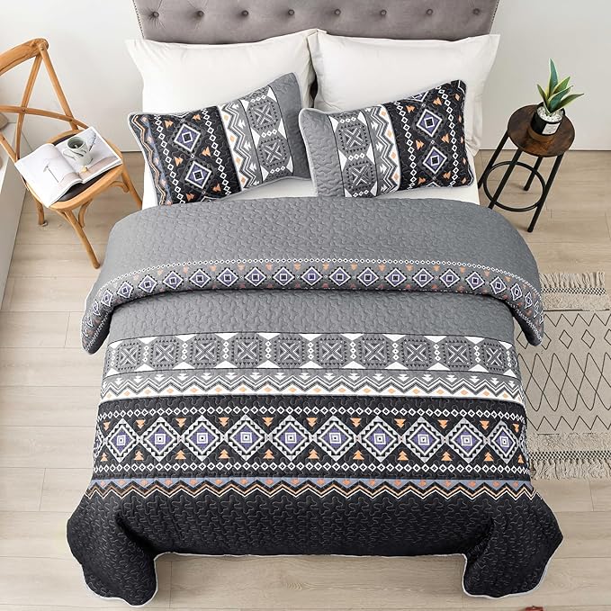 WONGS BEDDING Boho Quilt Set Queen,Black Grey Bedspread Coverlet Set with 2 Pillowcase,Lightweight Geometry Printed Bohemian Bedding Set 96"×90"
