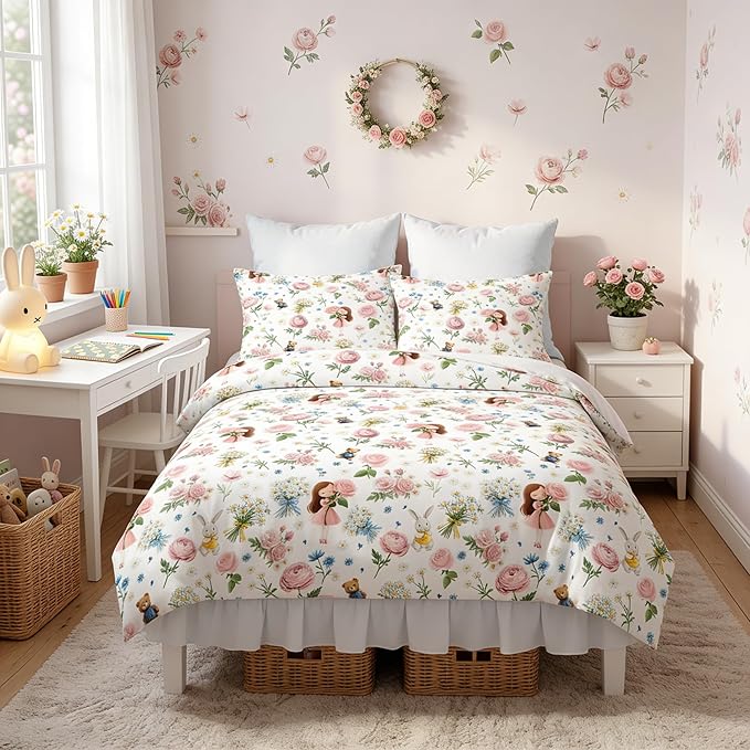 Kids Priness Comforter Set Twin Size for Girls, 2Pcs Pink Botanical Rose Bedding for Kids Kawaii Bedroom Decor, Cute Girly Rabbit Bear Comforter Set with 1 Pillowcase, 68"x86"